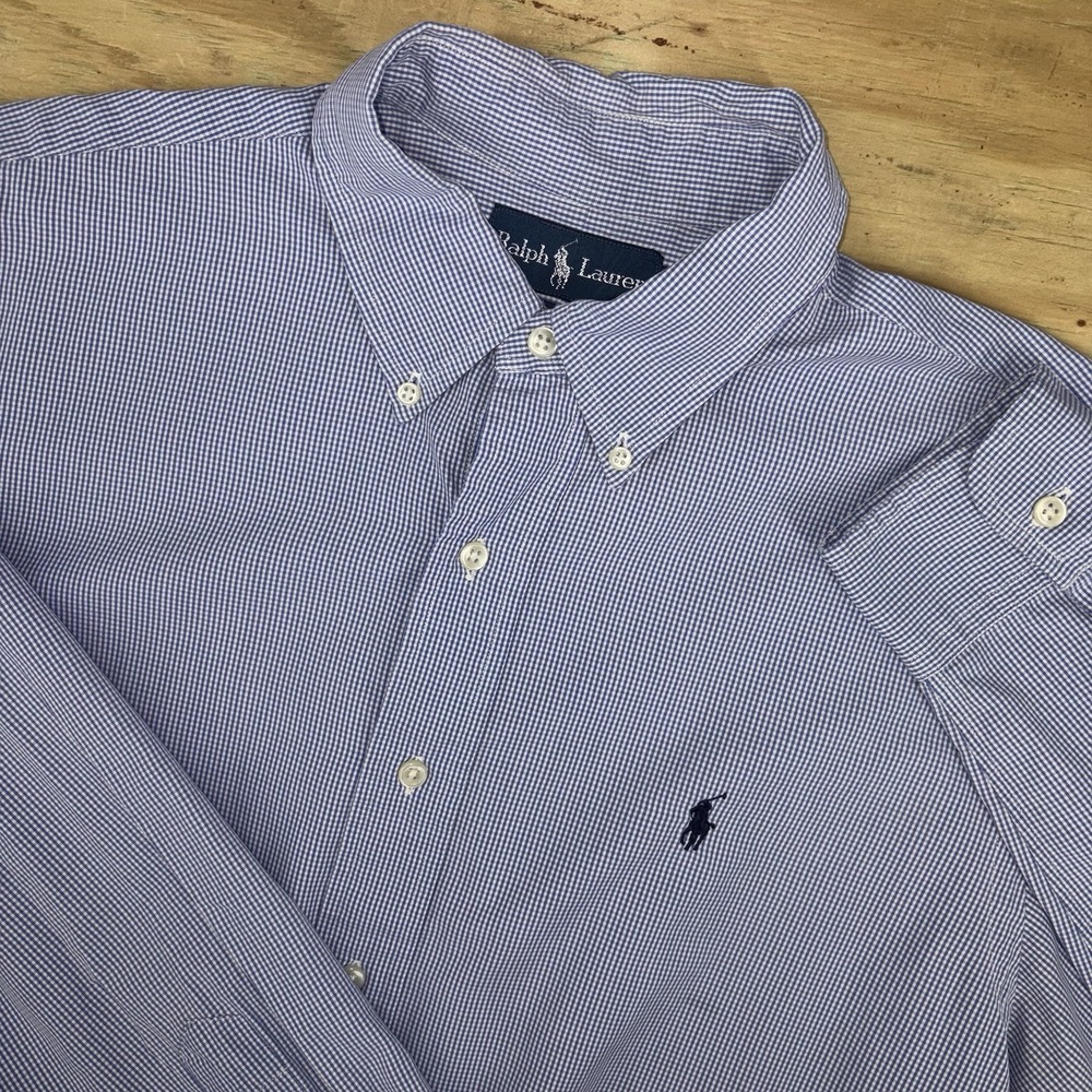 Polo Ralph Lauren Men's Blue Micro Gingham Check Button Down Large Custom Fit
